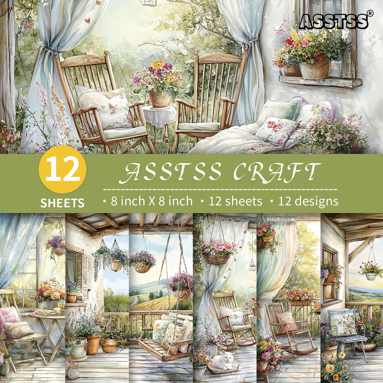 TEMU Bloc de papier de scrapbooking 12 feuilles assorties 8*8 pouces, fournitures de papier de support style rétro de porche de printemps balcon,