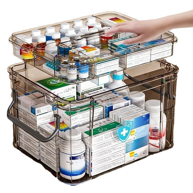 ADERTOS Scatola per Medicinali a Doppio Strato Organizer Medicinal Domestica Porta Medicine Casa Scatola Organizzatore Farmacia in Plastica con Manici per Casa, 26x16.5x15.5 cm, Grigio Trasparente