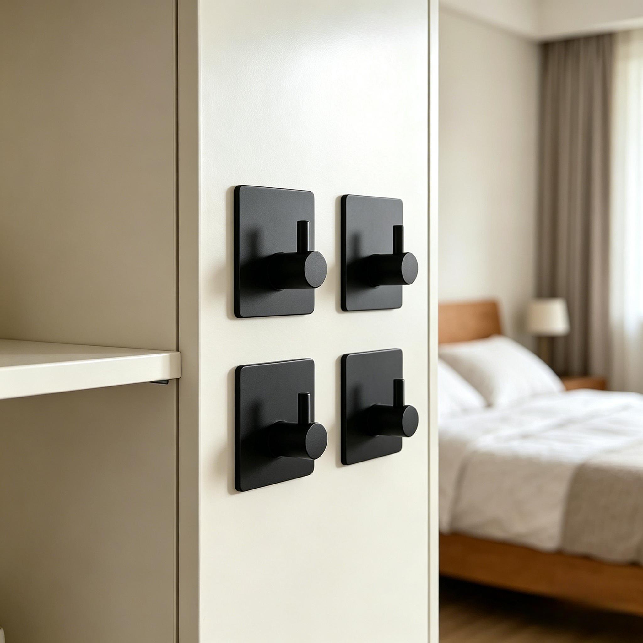 Image of 4pcs No-drill Bathrobe And Towel Hook, Modern Black Wall Hook With Strong Adhesive, , Suitable For Kitchen, Bathroom, Living Room, Shower, Keys, Towels, And Coat Storage, Stylish Wall-mounted Design