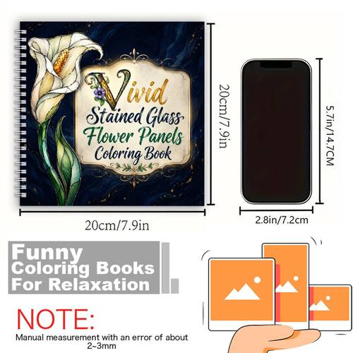 1pc 20x20cm 24 pages single sided printed coloring book for women with vivid stained glass flower panels