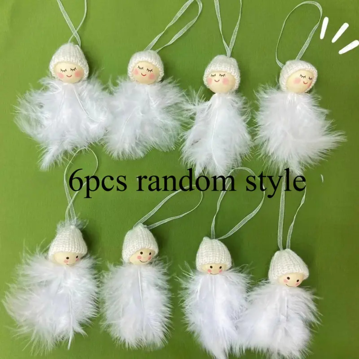 TEMU 6pcs Style Random White Ornaments With Fluffy Feather Wings & - Mini Plastic Christmas Tree Decorations With Hanging Loop, No Electricity Needed