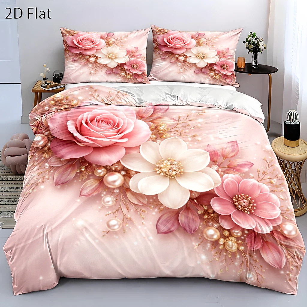 TEMU Light Pink Floral Pearl Duvet Cover Set, 1 Duvet Cover   2 Pillowcases, 3pcs Bedding Suitable For , Machine Washable With Hidden Zipper, Large