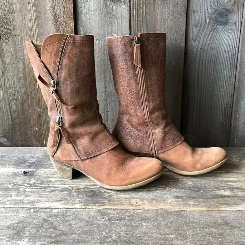 Image of Women's Mid-calf Boots, Style, Suitable For Daily , Shopping, Strolling And Dating, With Chunky Heels And Side Zippers, Women Shoes