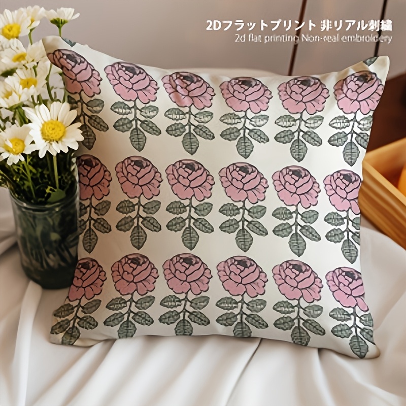 TEMU 1pc Of Single-sided Printed Velvet Throw Pillow With A Full Row Of Pink Rose Pattern. Is Gentle And Elegant. The Fabric Is Machine Washable, And