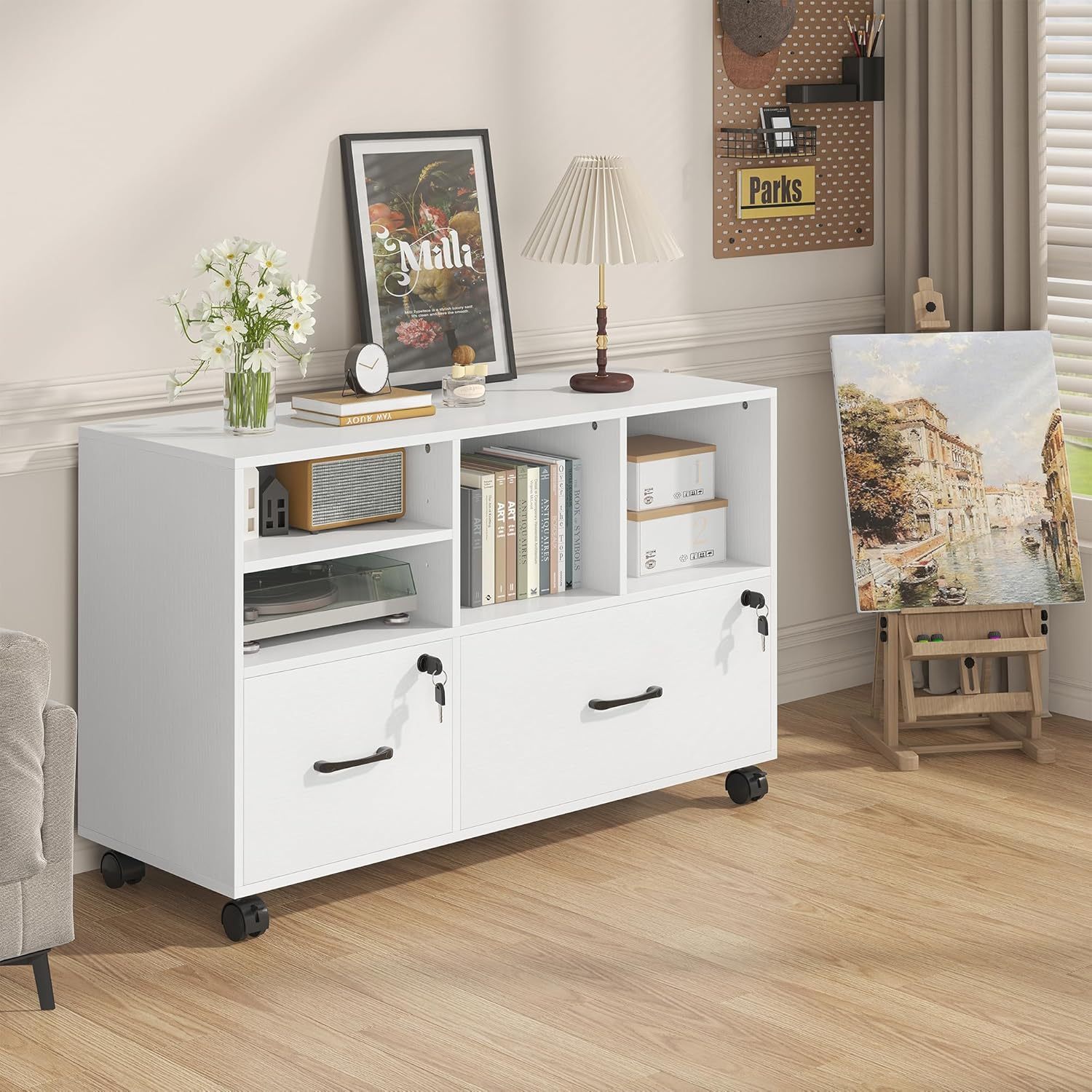 2 Drawer Wood Mobile Large Lateral File Cabinet with Lock, Lockable Rolling Filing Cabinet with Storage Shelves, Printer Stand Office Storage Cabinet for Home Office Fits Files Legal/A4, White