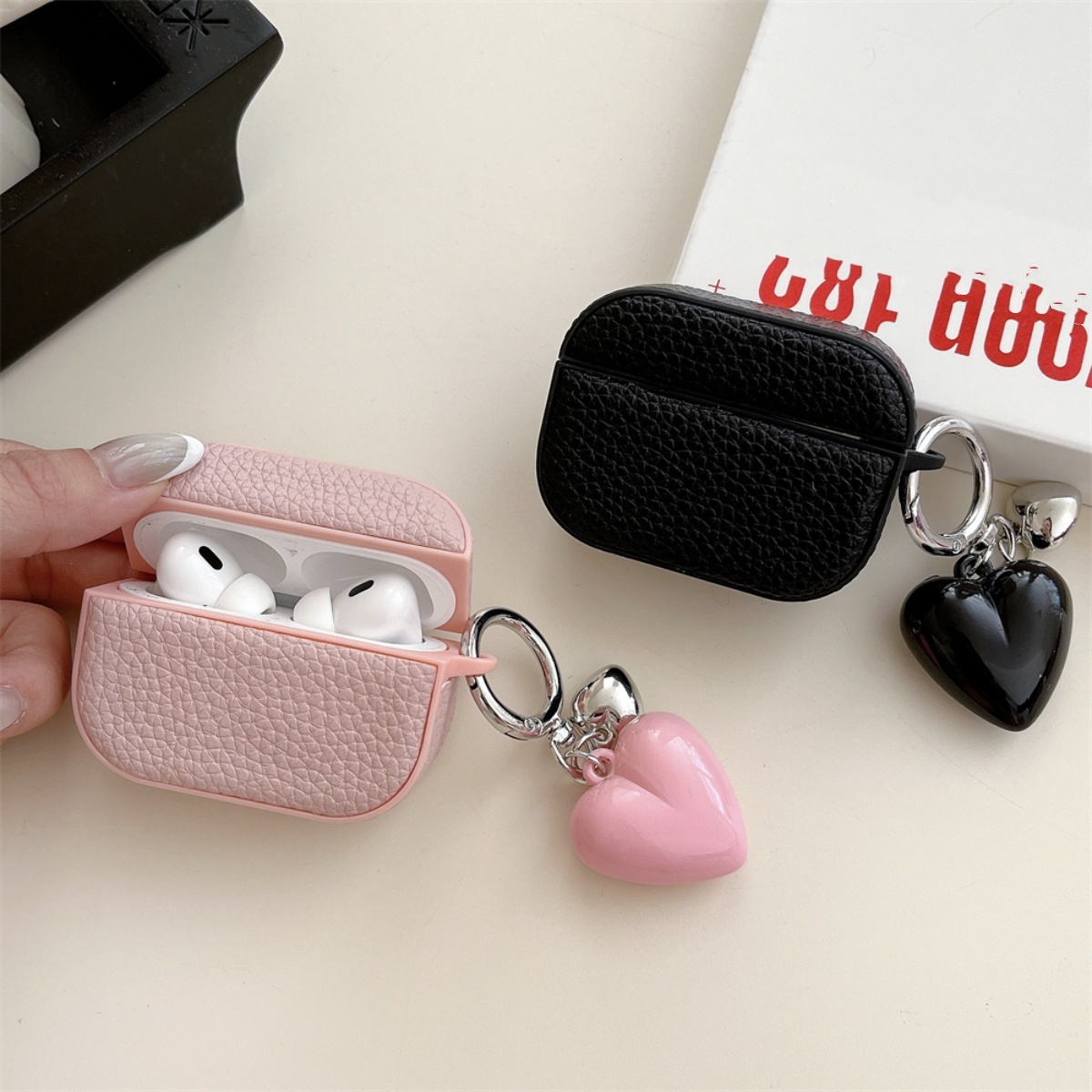 Cute Mini Earphone Case with Heart Charm, Black, Pink, Rose Red Anti-Drop Earphone Cover, Compatible with AirPods 3/4/Pro 2 Earphone Pouch