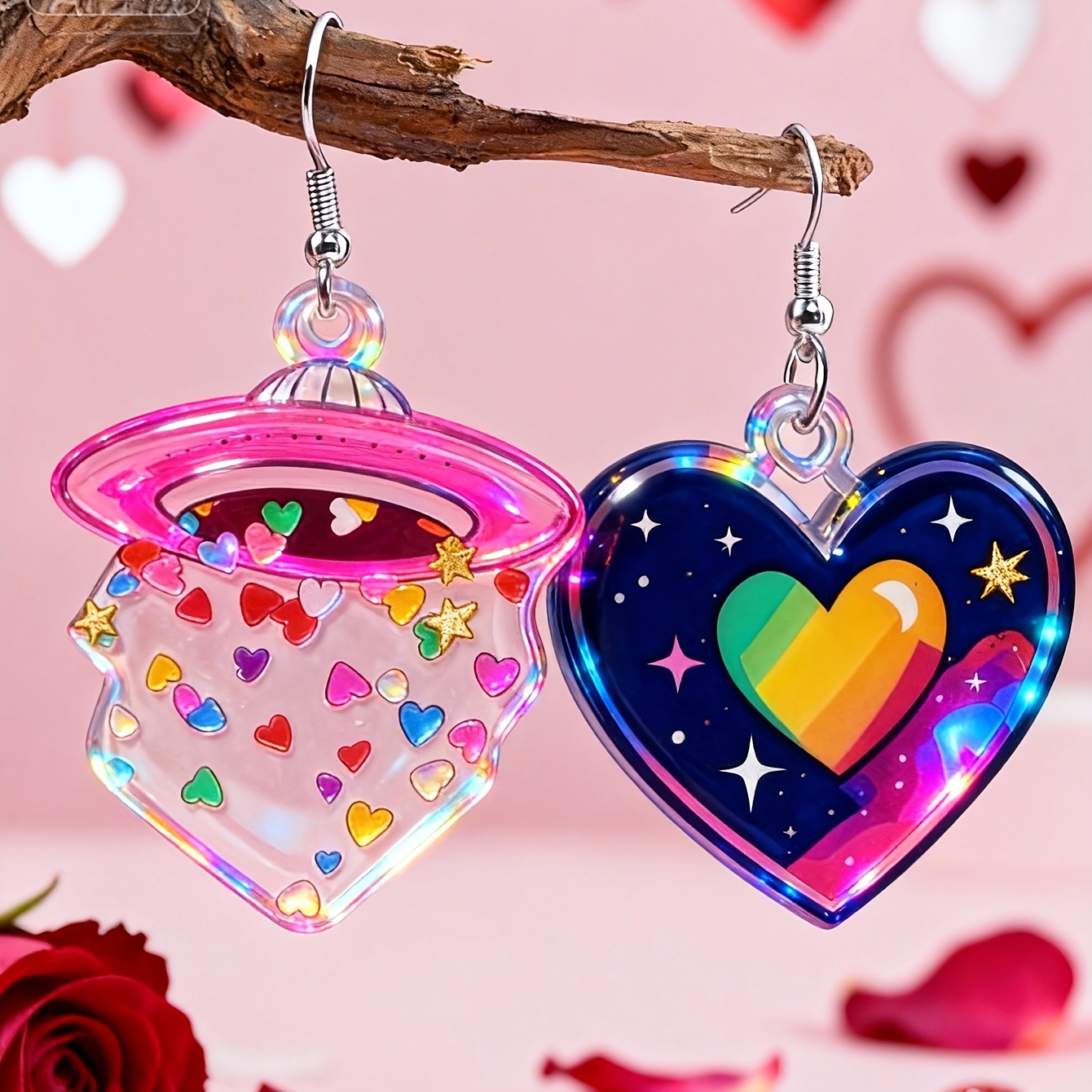 TEMU Cute Acrylic Heart And Earrings | Stainless Steel Studs, Valentine's Day And Wear