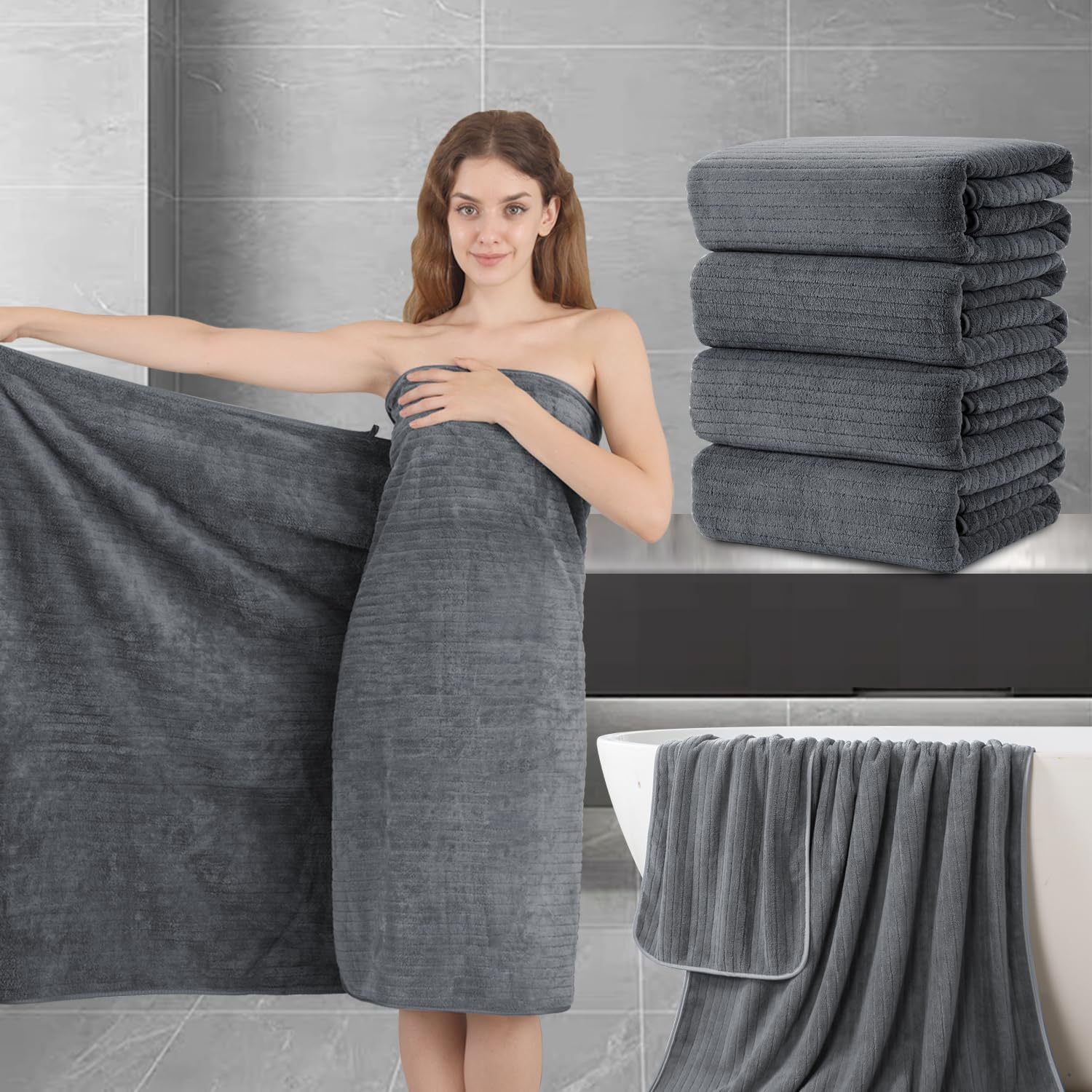 TEMU 4pcs Extra Large Bath Sheet, 35"x70" Inch Ultra Soft Fluffy Towel, Oversized Bath Towel Set, Premium Microfiber Bathroom Towel Set Absorbent Quick Towel For Bathroom, Hotel, Spa
