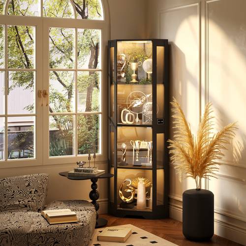 1pc corner glass display cabinet white single door showcase with tricolor led lights motion sensor 4 tier storage shelf for living room bedroom study office collectibles display