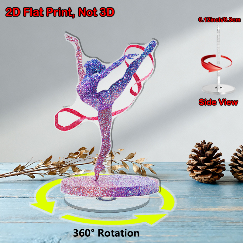 TEMU Figurine de gymnaste féminine rotative 2D plate, 1 pièce - Paillettes, convient pour la décoration de bureau, sculpture en acrylique tournante à