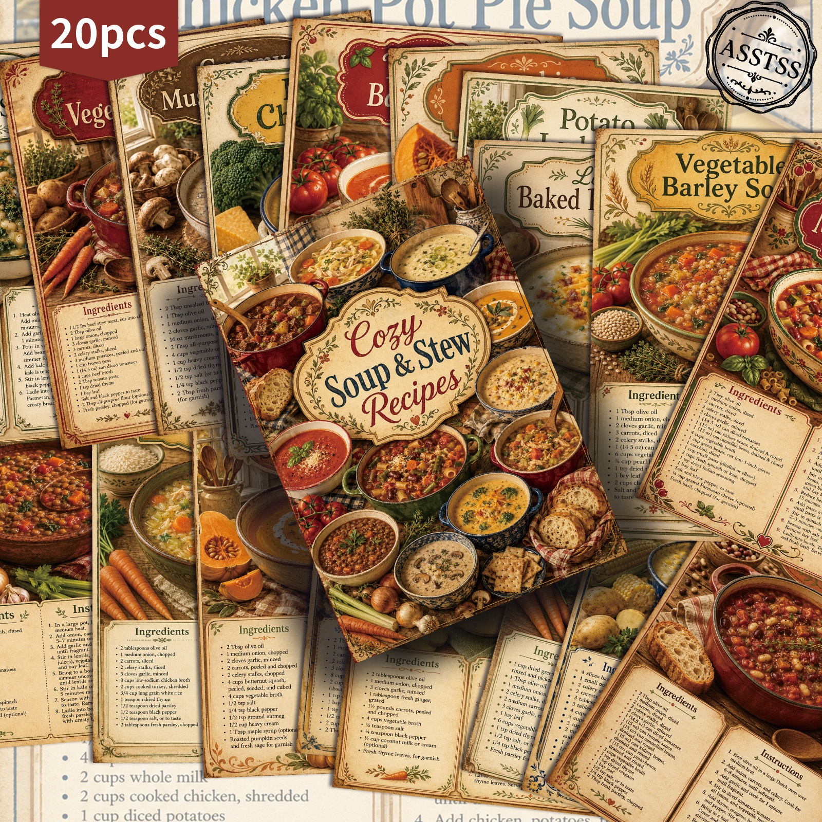TEMU 20-pack Asstss Vintage Cozy Soup And Stew Recipe Postcards - 4x6 Inches Retro Junk Journal Supplies, Classic Pinup Illustrations Collectible