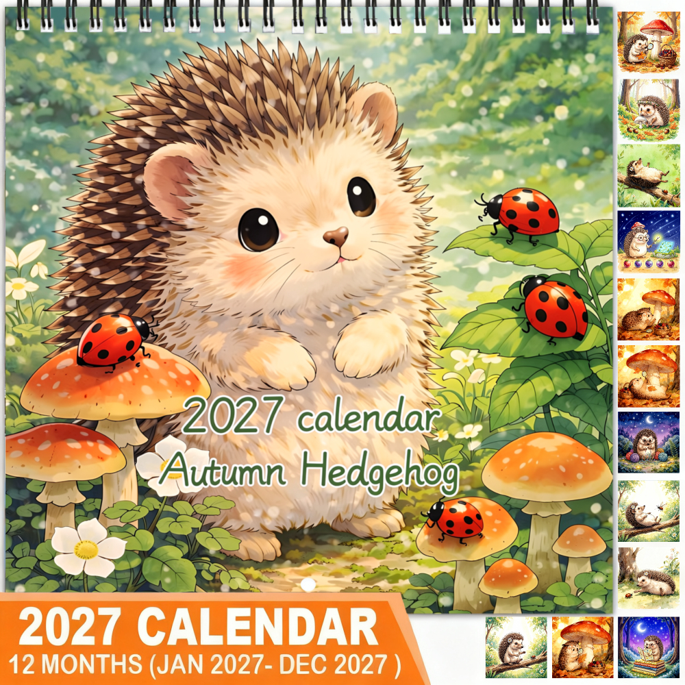 TEMU 1pc 2027 Hedgehog & Ladybug Mushroom Calendar Planner - Spiral Bound Thickened Coated Paper Suitable For Home/office, Monthly Wall Calendar With