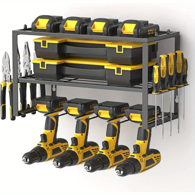 TEMU 3-tier Heavy Duty Tool Storage Rack, Wall Mount Power Tool Organiser For 4 Cordless Drills, Garage & Workshop Storage Solution With Shelves,