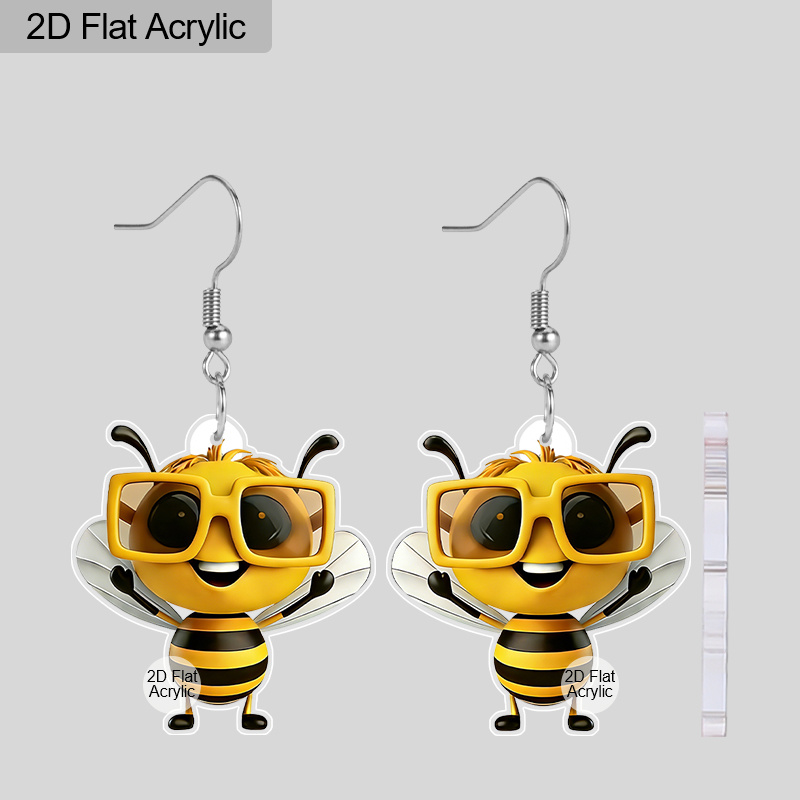 TEMU 2d Flat, 1 Pair Women' Bee Earrings With Fashion Glasses - Cute Bee-shaped Dangle Earrings Suitable For Vacation, Beach Parties, Daily Wear &