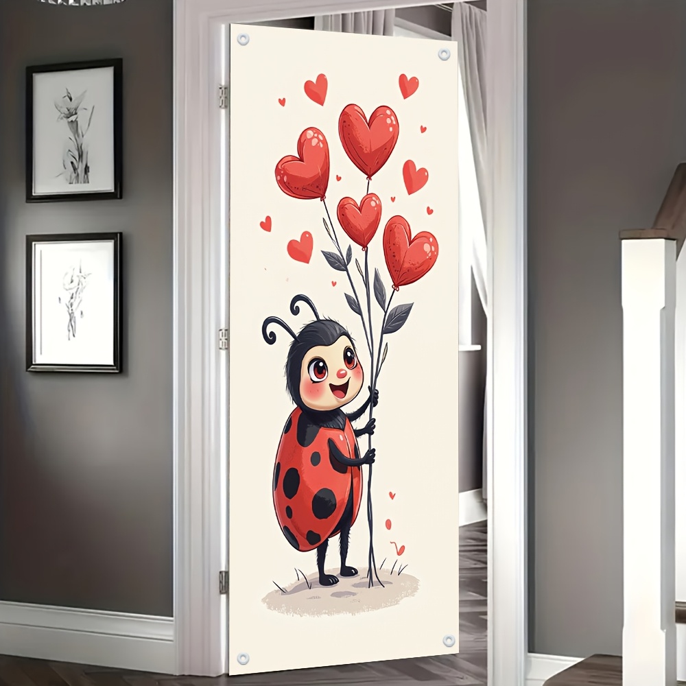 TEMU 2d Flat, 2d Door Banner, 1pc Ladybug & Red Heart Flower Door Banner - Cute Ladybugs With Red Hearts, Hanging Decor Suitable For Weddings,