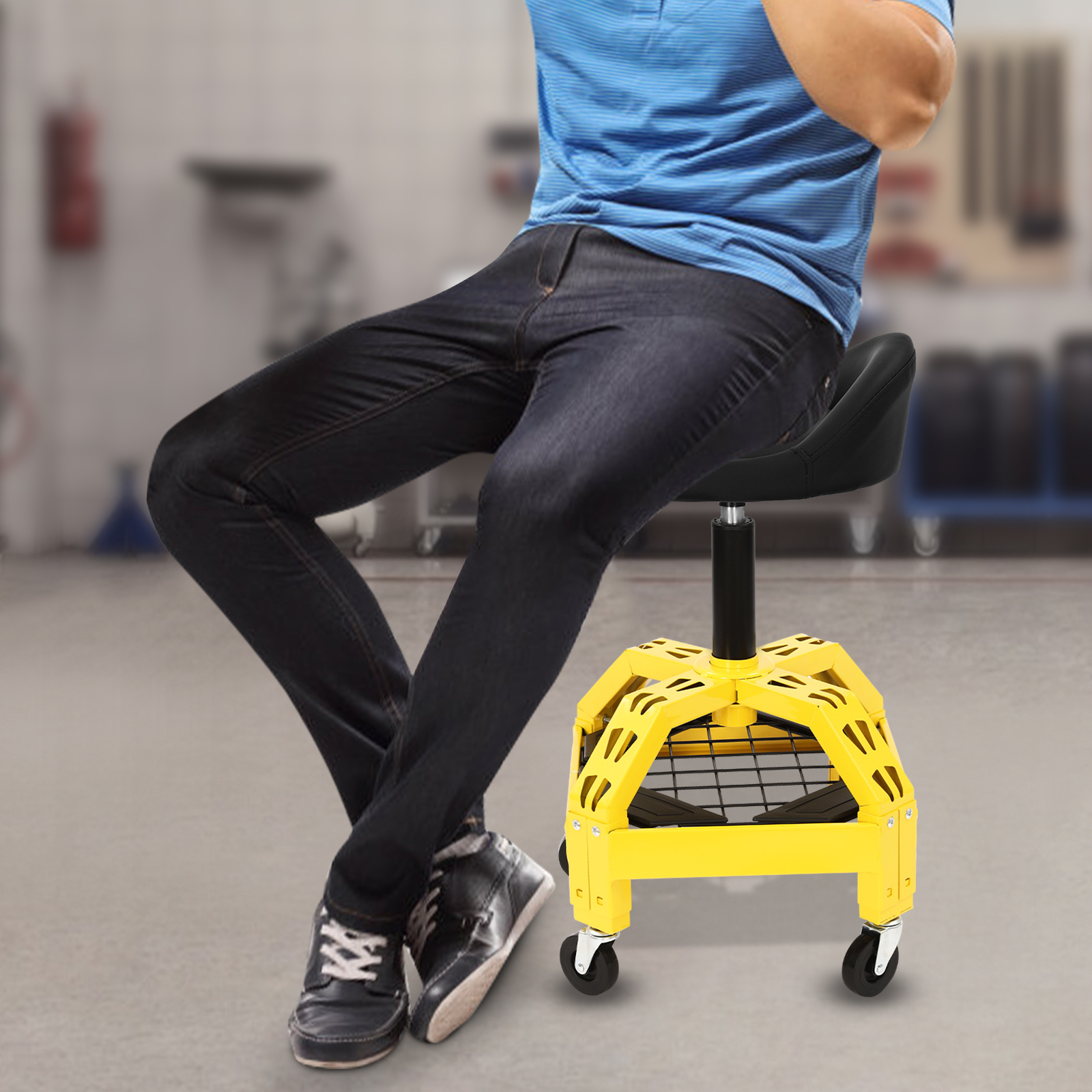 Image of Adjustable Rolling Stool -workshop & Auto Chair, Height-adjustable Workshop Seat For Garages & Repair Stores