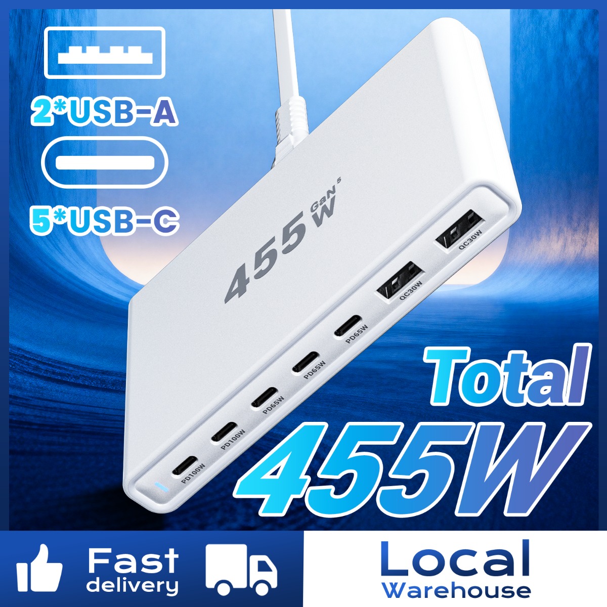 TEMU 7 Port Gan Fast Charger 100w | 455w Usb C Charger Station For , Laptop, Ipad, Iphone, Galaxy | Professional, Australian , 220v-240v