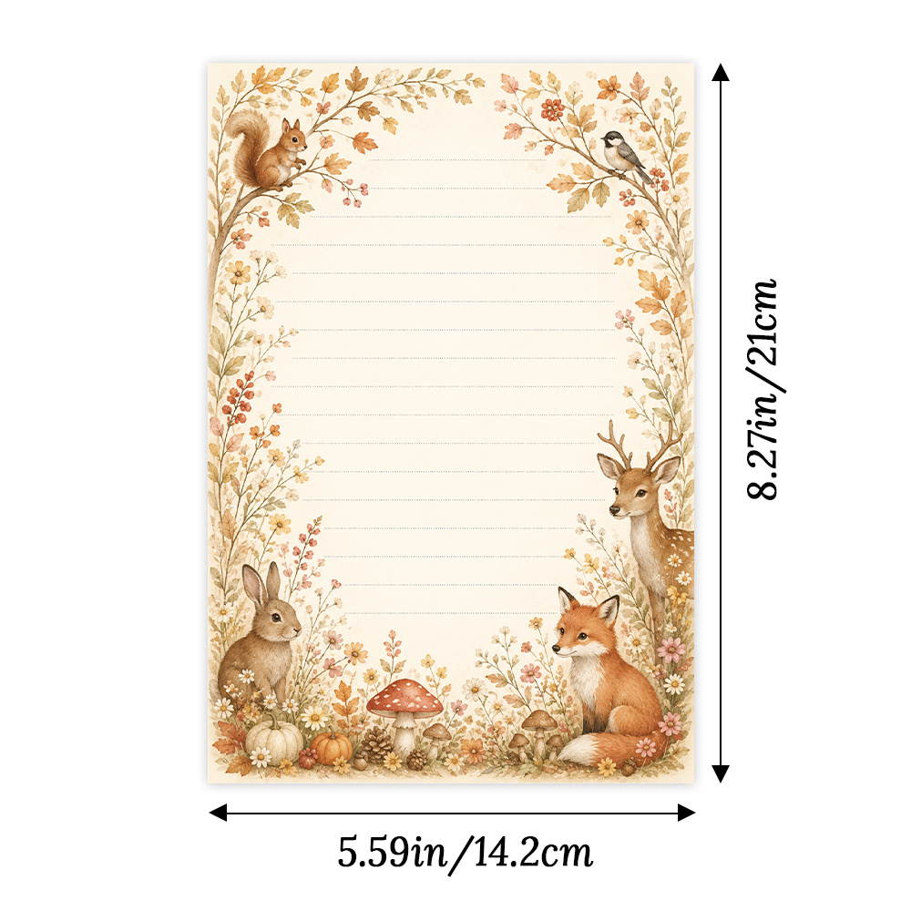 TEMU 50pcs Watercolor Autumn Forest Animal Letter Paper, Vintage Autumn Lined Stationery, Handwriting Paper/, Junk Journal Paper, Party Stationery,
