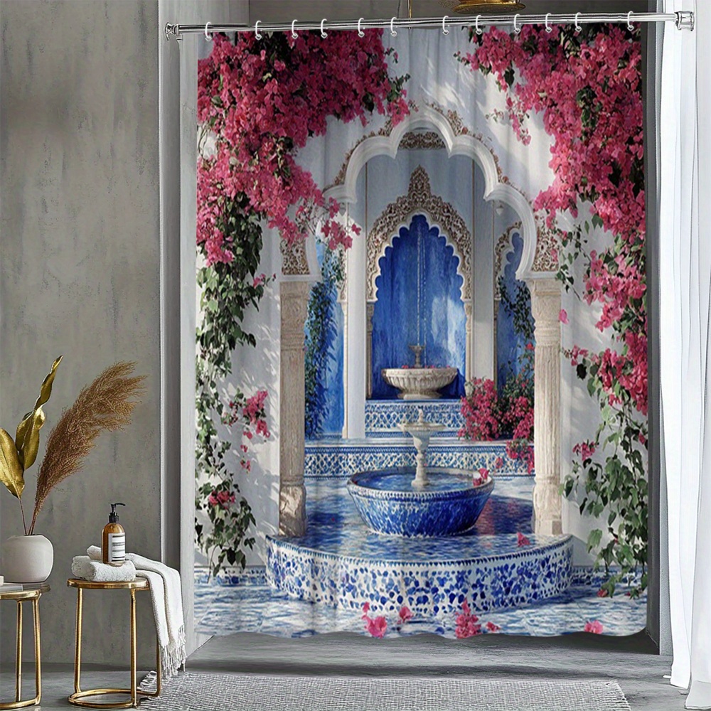TEMU 1 rideau de douche style cour marocaine avec fond de et fontaine, thème naturel, séparateur de baignoire, motif vif et élégant, idéal pour la
