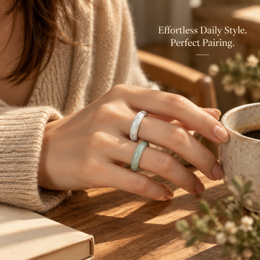 2pcs Green Aventurine & White Turquoise Band Ring Set