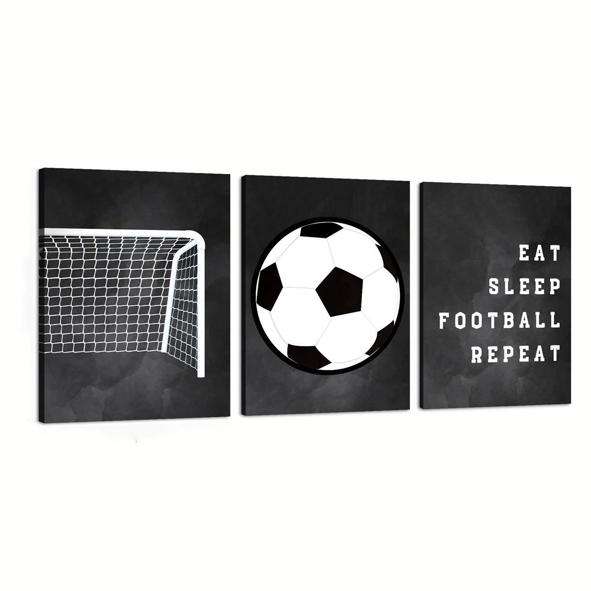 zestaw 3 sztuk obrazów na płótnie w   sportowym - nowoczesne, art deco, klasyczne plakaty piłkarskie z motywem   football repeat, wodoodporne wydruk  płótnie, dekoracja do wnętrz   zewnątrz, do domu, biura, salonu, sypialni, łazienki, jadalni - orientacja pionowa 0