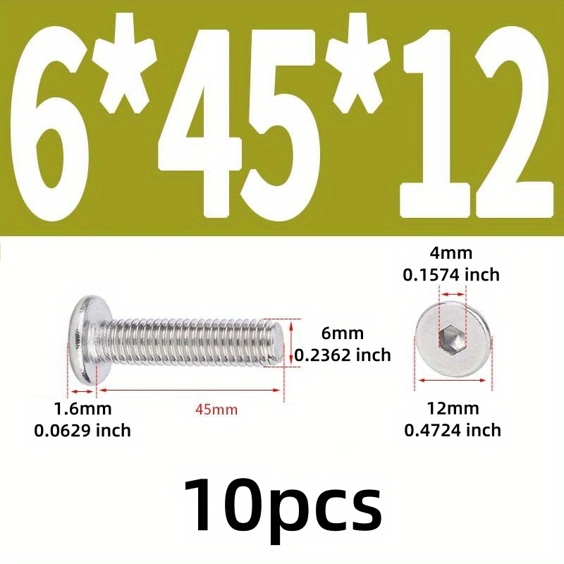 TEMU Vis à tête plate ultra minces à douille hexagonale M6-1.0P, acier inoxydable 304, boulons hexagonaux Allen avec âme en acier A2-70, pour bois,