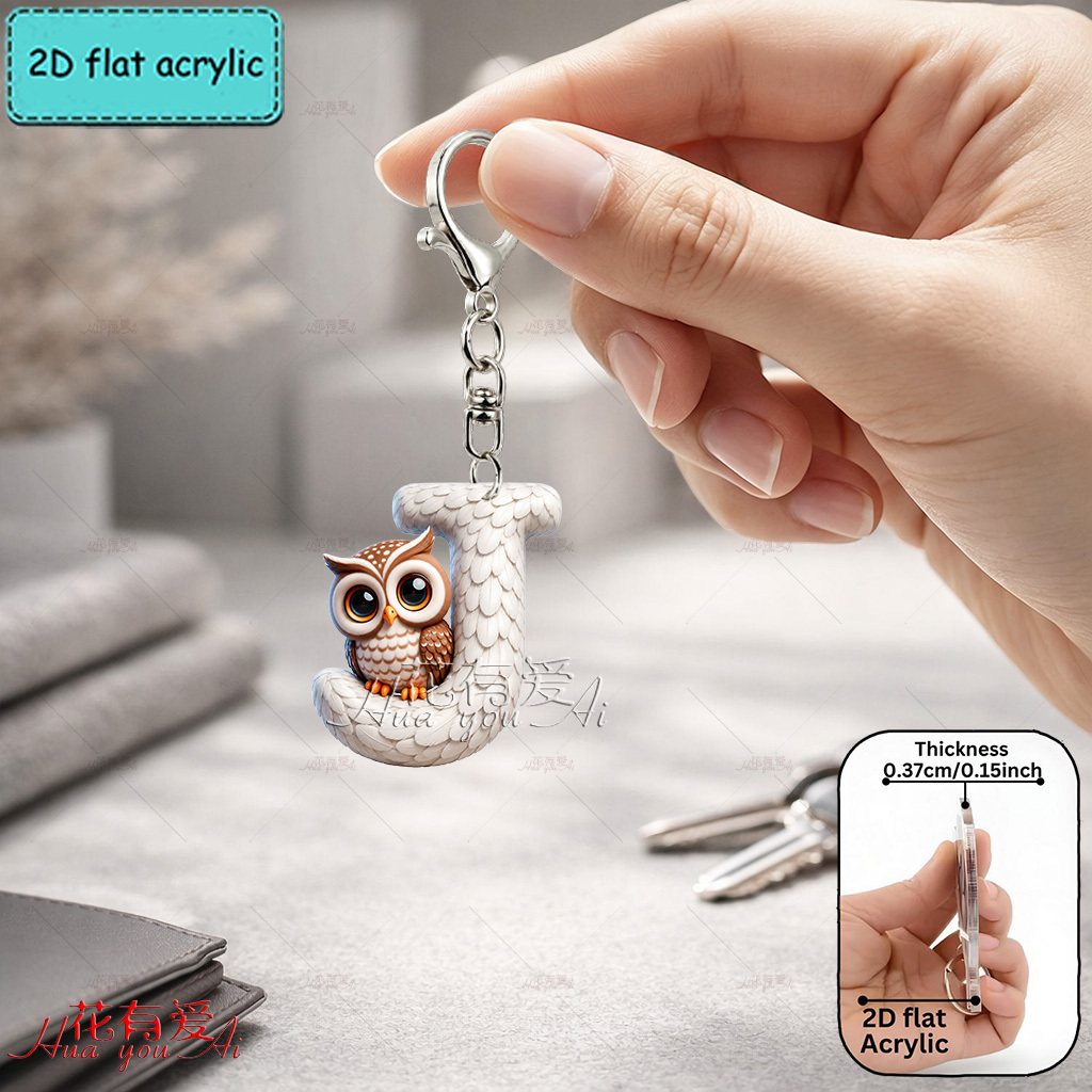 TEMU 2d Flat - [2d Flat] Acrylic Keychain, Letter Keychain, Novelty Keychain, , Owl, Cute Animal, Feather Letter, Keychain Accessory, Fashionable