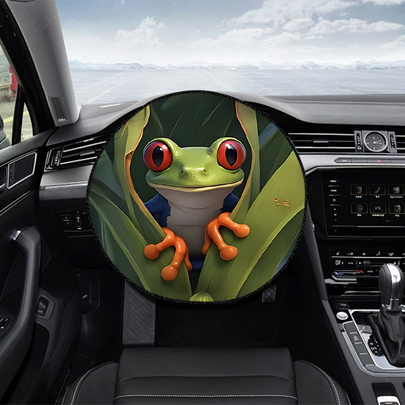 TEMU 1 pièce Pare-soleil de volant de voiture rond à motif imprimé style grenouille de dessin , décoration intérieure de voiture, installation