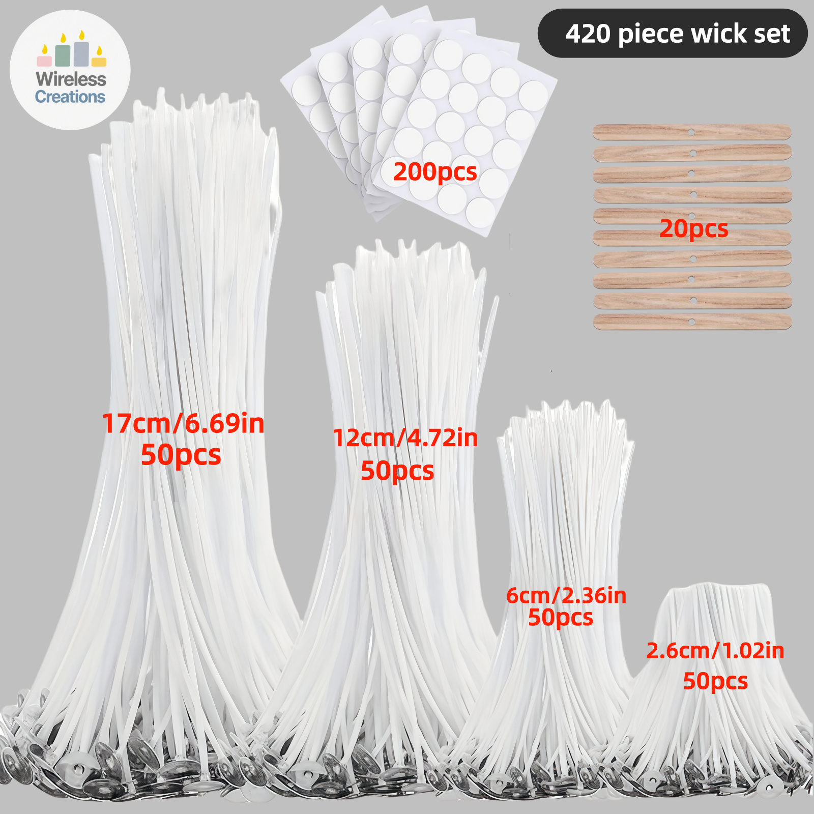 TEMU Set di stoppini senza 420 pezzi 4 specifiche | 1/2.36/4.72/6.69 pollici (2.6/6/12/17 cm) 50 ciascuno + 200 adesivi per stoppini + 20 fissaggi |
