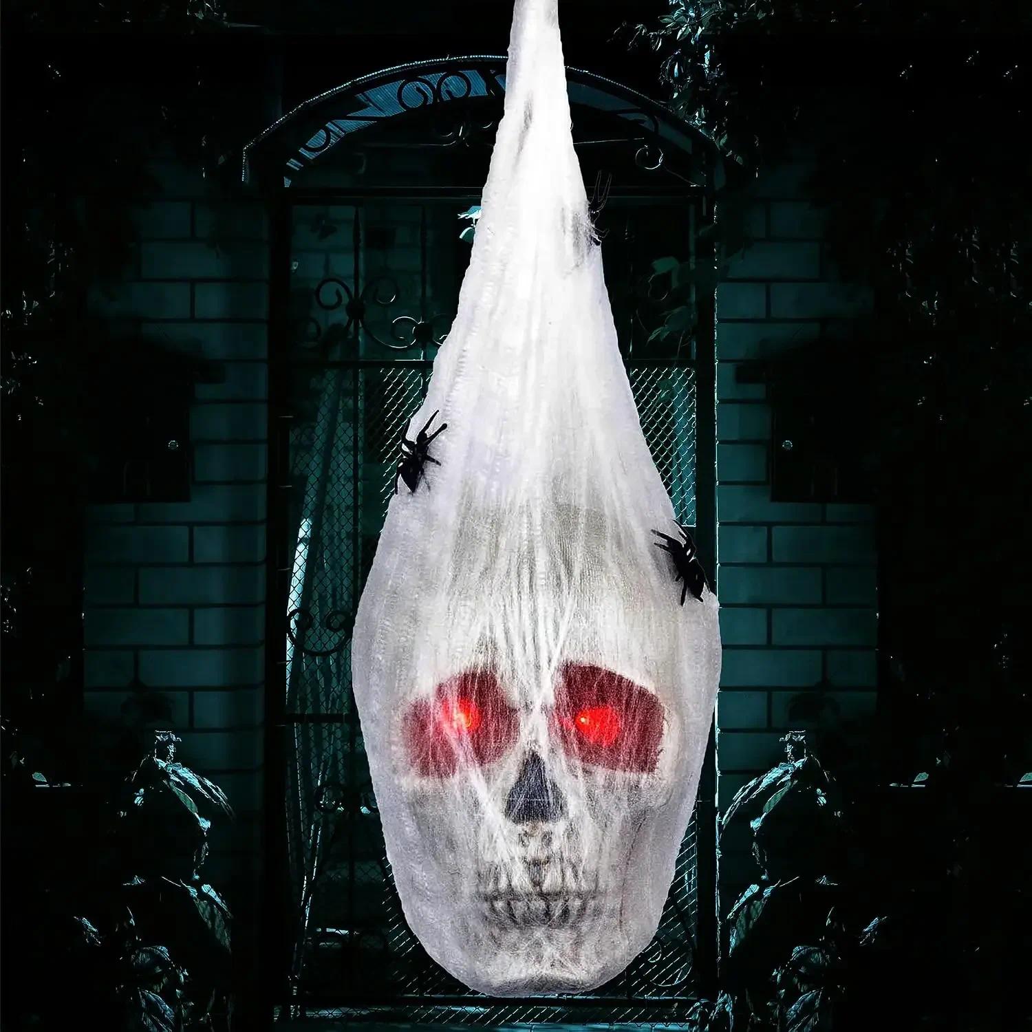 Image of 13-inch Realistic Hanging Head Decoration With Web - Scary Gothic Pvc/plastic Suitable For Halloween Party Decor, Haunted, Themed Events - / Hanging Ornament For Use