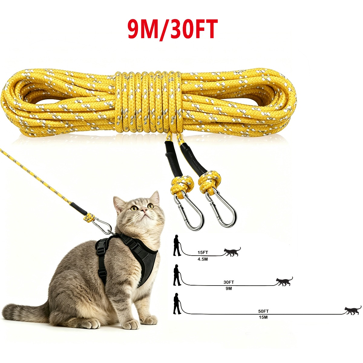 TEMU 1/2/3pcs 4.5m/9m/15m Long Yellow Reflective Cat Leash, Anti-break Double Carabiner Pet Training Lead, Outdoor Night Walking Rope For Small Dogs