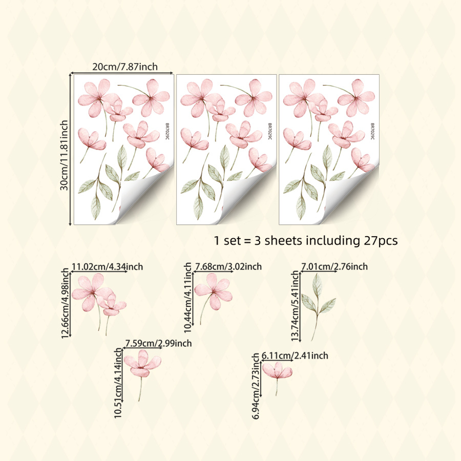 3 Sheets Floral Wall Decals, Pink Flower Wall Stickers Self-adhesive, Removable Botanical Wall Art For Bedroom Living Room Home Decor