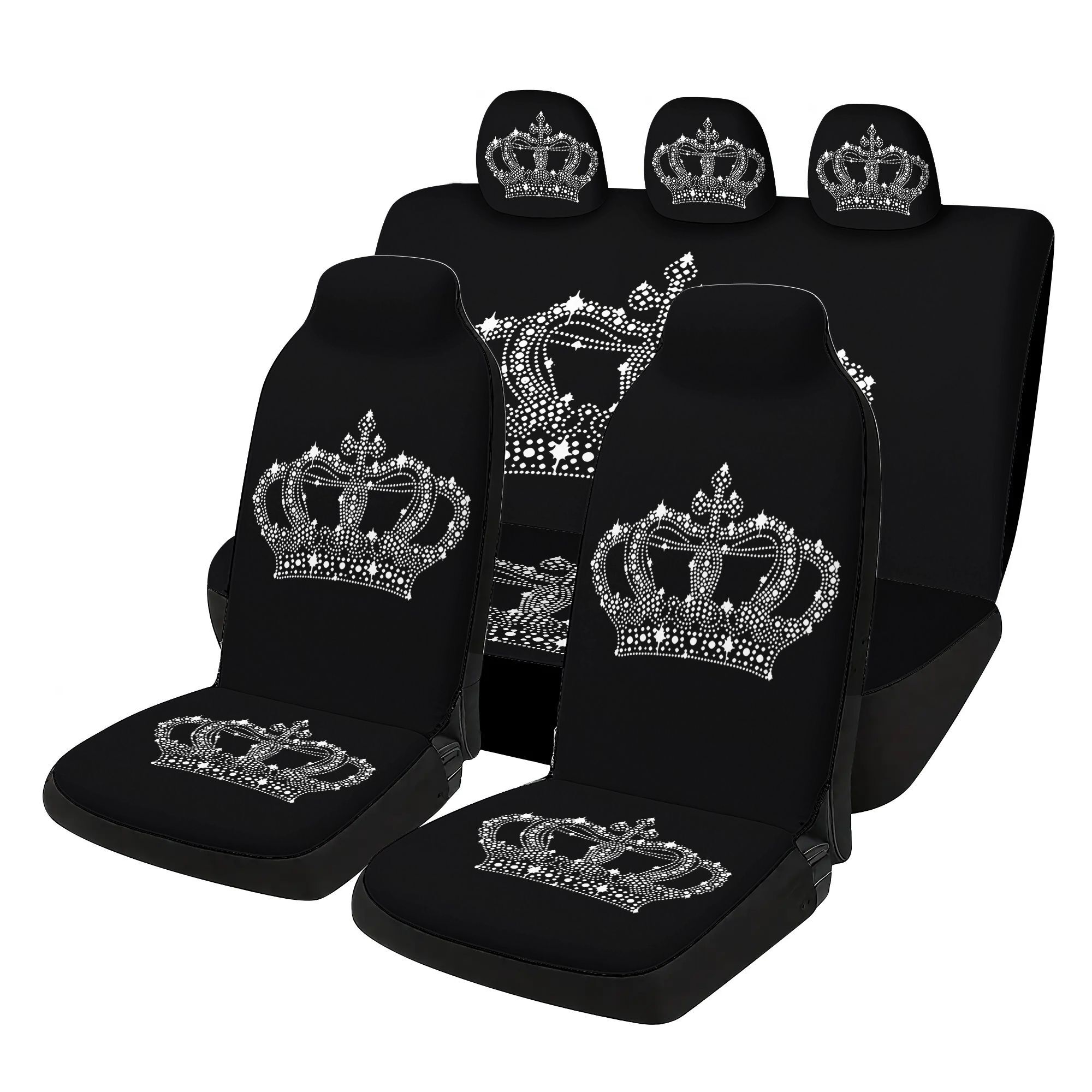 TEMU 7pcs 2d Plane Queen Crown Car Seat Cover Set Includes: 2 Front Seat Covers, 1 Rear Seat Back Cover, 1 Rear Seat Cushion Cover, And 3 Headrest