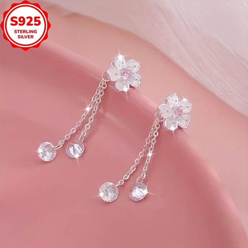 TEMU A Pair Of Elegant Cherry Flower Earrings, 925 Silver Inlaid With Synthetic Zirconia, , Suitable For Women, Perfect For Daily Wear, Weddings,