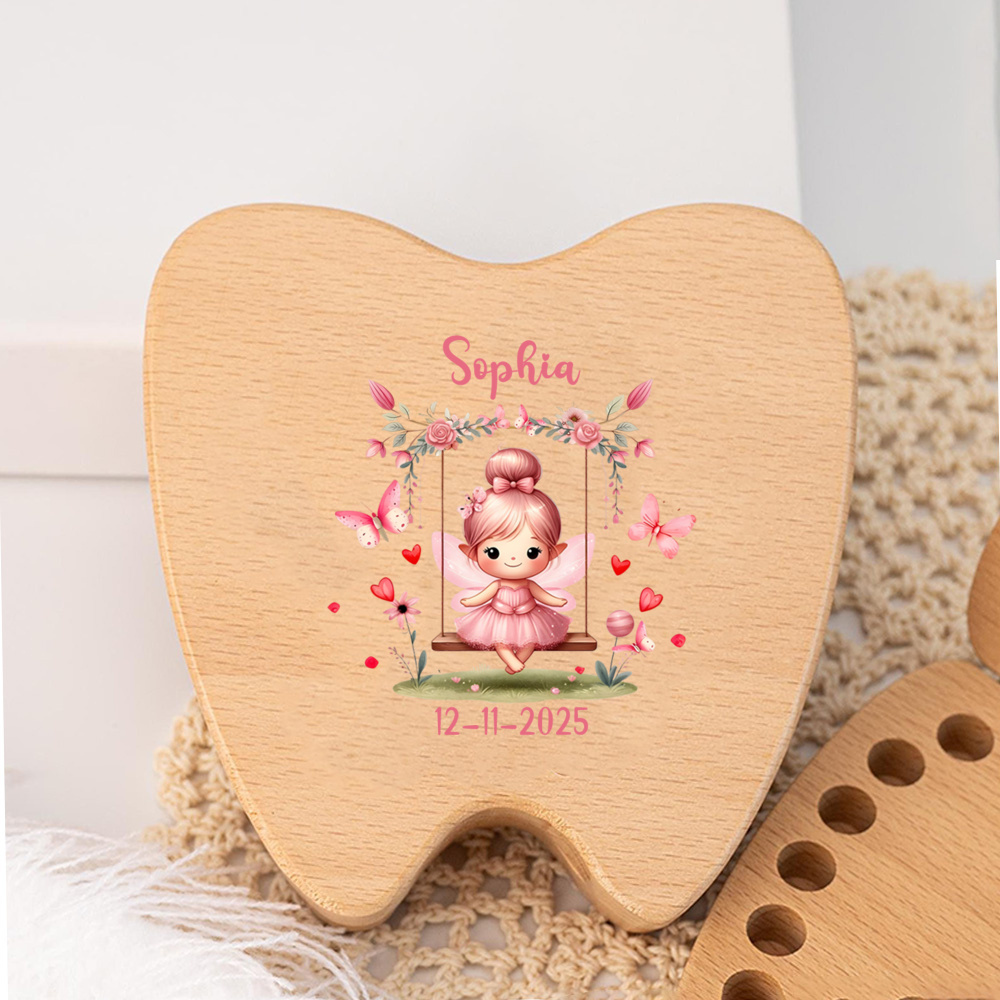TEMU Personalized Tooth Fairy Gift Box - Customizable Name And Date - Wood Tooth Keepsake Box With Fairy And Elf Design - Storage Box For , Baptism,