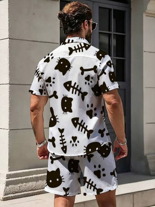 white cat print mens short sleeve shirt and shorts set for beach pool or casual lightweight comfortable and stylish summer wear with fun animal pattern