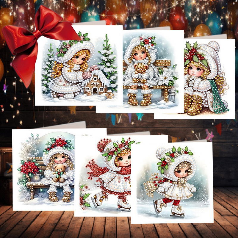 TEMU 6pcs Diamond Painting Greeting Card Set - Christmas-themed Snow Girl Series, Jewelry Partial Inlay Handmade Card With 6 Envelopes, Special