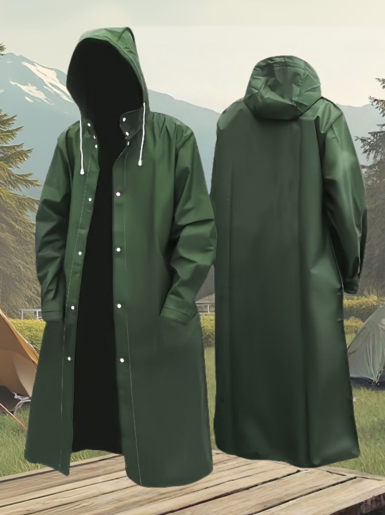 Waterproof Hooded Long Raincoat - Full-Zip Outdoor Rainwear