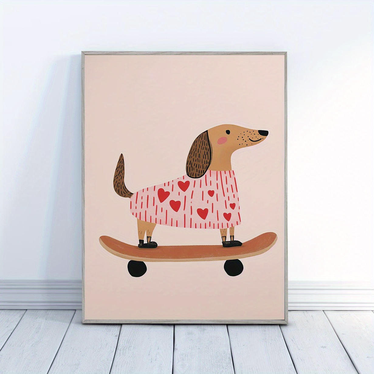 TEMU 2d Flat, 2d Flat, 1pc, Wall Art Of A Dachshund For A Nursery With Animal Prints, Pink Bedroom Decor For A Baby Girl, Cute Dog Print Valentine's