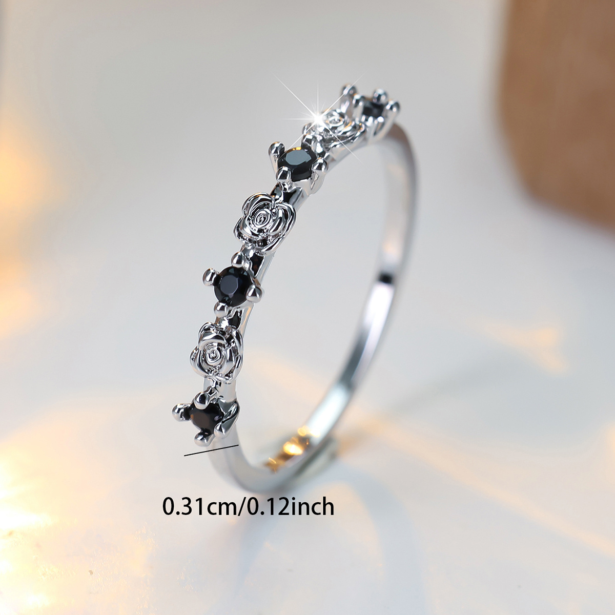 Women's Vintage Delicate Rose Stackable Band with Zirconia Inlay