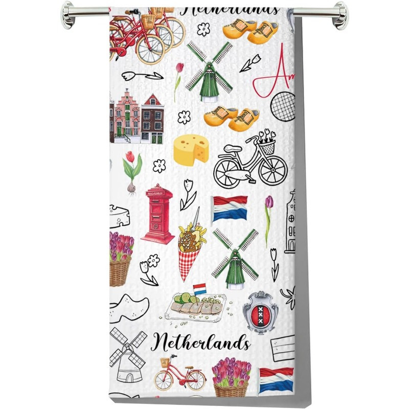 

1pc Modern Woven Polyester Kitchen Towel, 18x26 Inches, Super Soft Cartoon Netherlands Theme With Dutch And Flag, Machine Washable Oblong Dish Towel For Kitchen Decor And Souvenir Gift