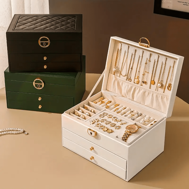 2025 best-selling locking jewelry box with three layers, large capacity soft lining for earrings rings necklaces storage Product details 0