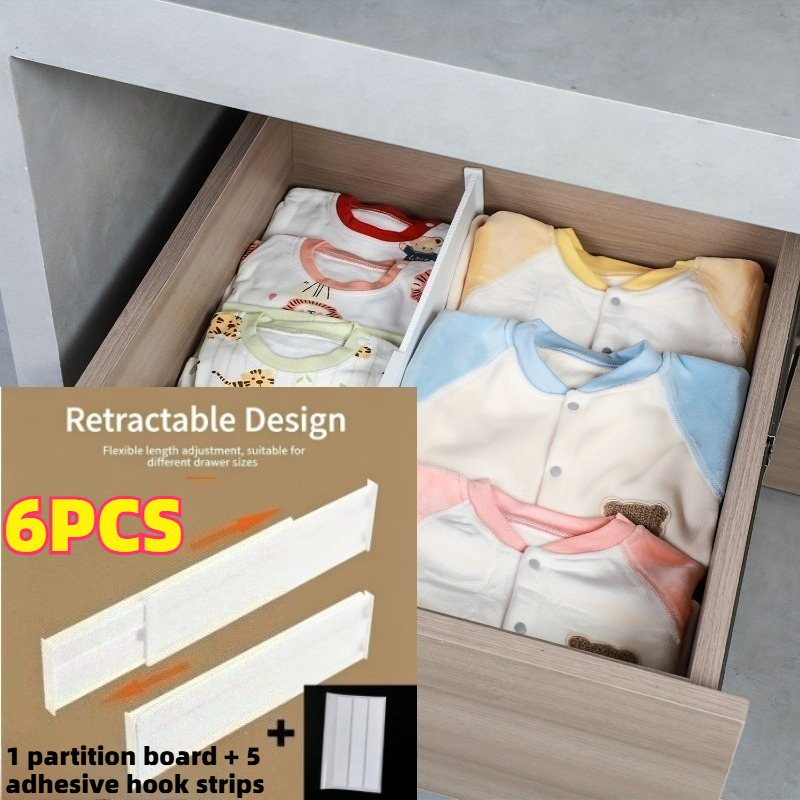 TEMU 6pcs Set: 1 Divider + 5 Damage-free Adhesive Pads, Adjustable Drawer Divider Set With Plastic Dividers, Suitable For Kitchen