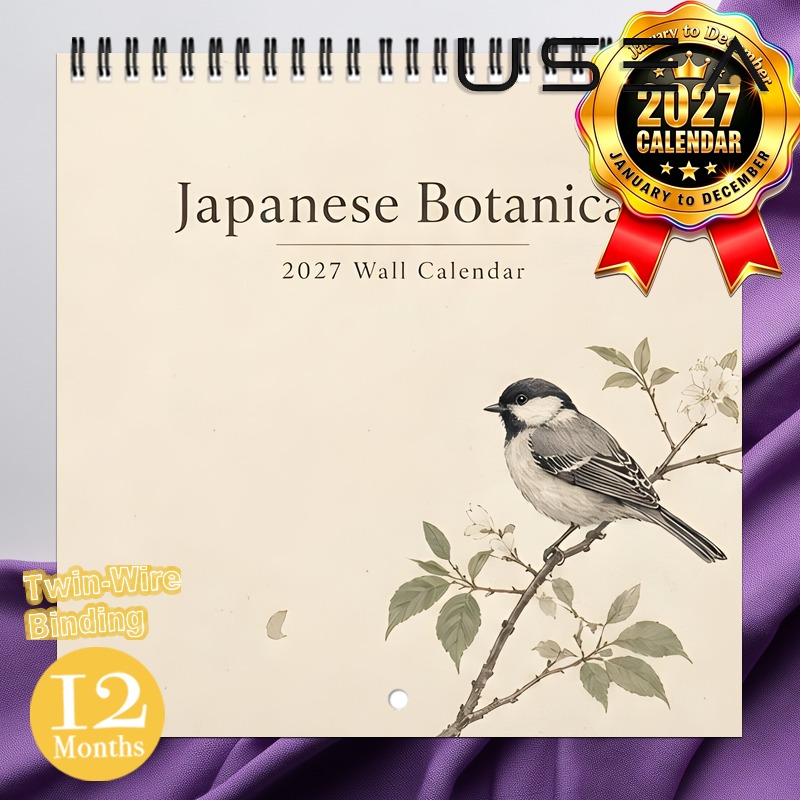 TEMU 2027 Wall Calendar,1pc 2027 Japanese Botanical & Bird Wall Calendar, 12-month Twin-wire Spiral Hanging Calendar, Aesthetic Home Decor & Gift For