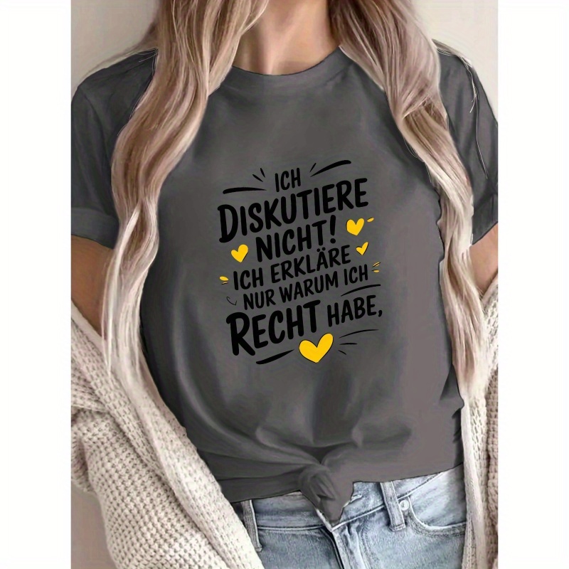 

Humorous German Text T-shirt, Short Sleeve Crew Neck Casual Top For Summer & Spring, Women's Clothing