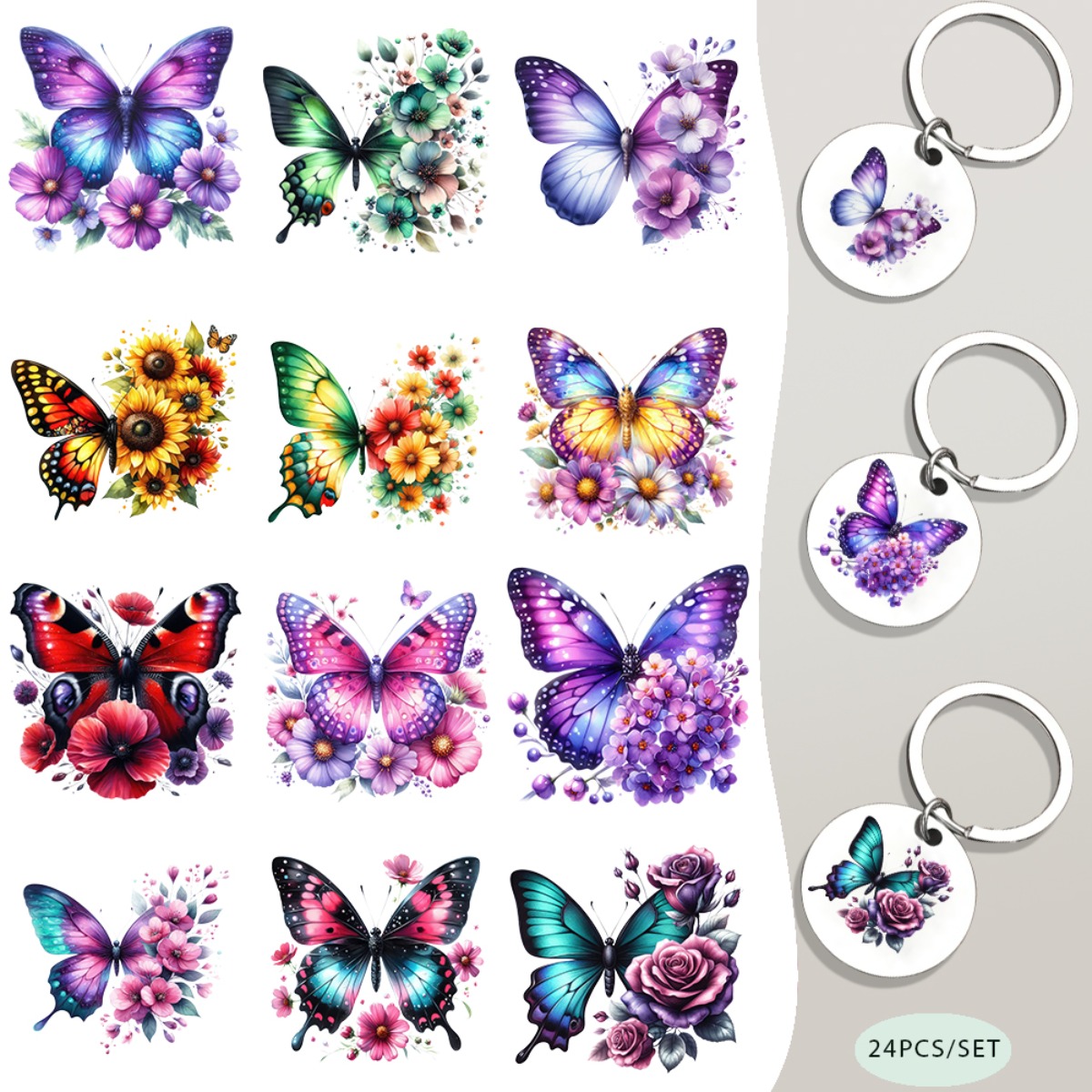 TEMU Lot de 24 papiers de transfert UV DTF à soi- pour porte-clés sur le thème Papillon de rêve - Motif imperméable, décoration pour ordinateur