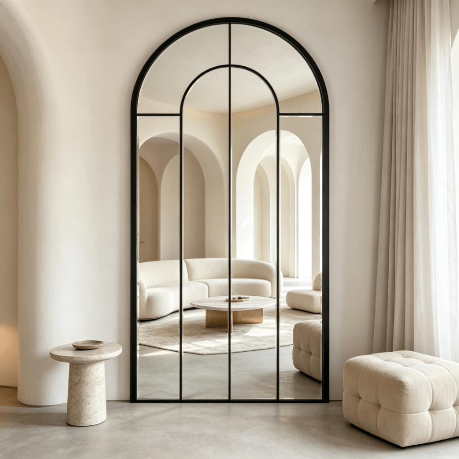 Arched Window Panel Wall Mirror with Wood Frame