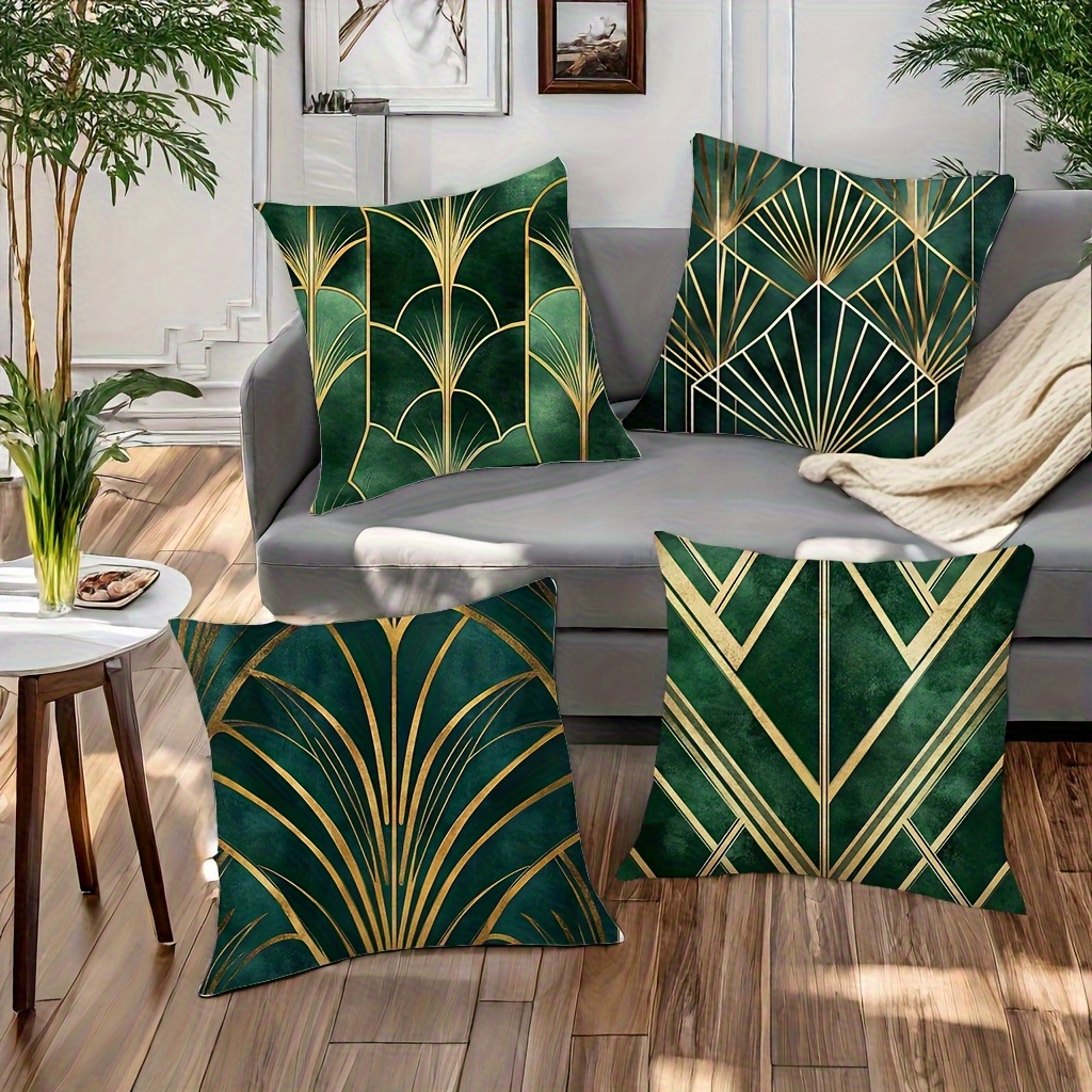 TEMU 4pcs Set, Modern Geometric Green Pillowcases. Soft, Comfortable, And Smooth Polyester Short Plush Fabric With Single-sided Printing. Pillow
