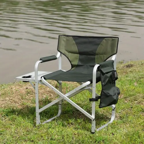 1pc lightweight oversized padded folding directors chair with side table storage pockets portable green camping chair for indoor outdoor use picnics fishing durable metal frame comfortable fabric camping chairs for adults