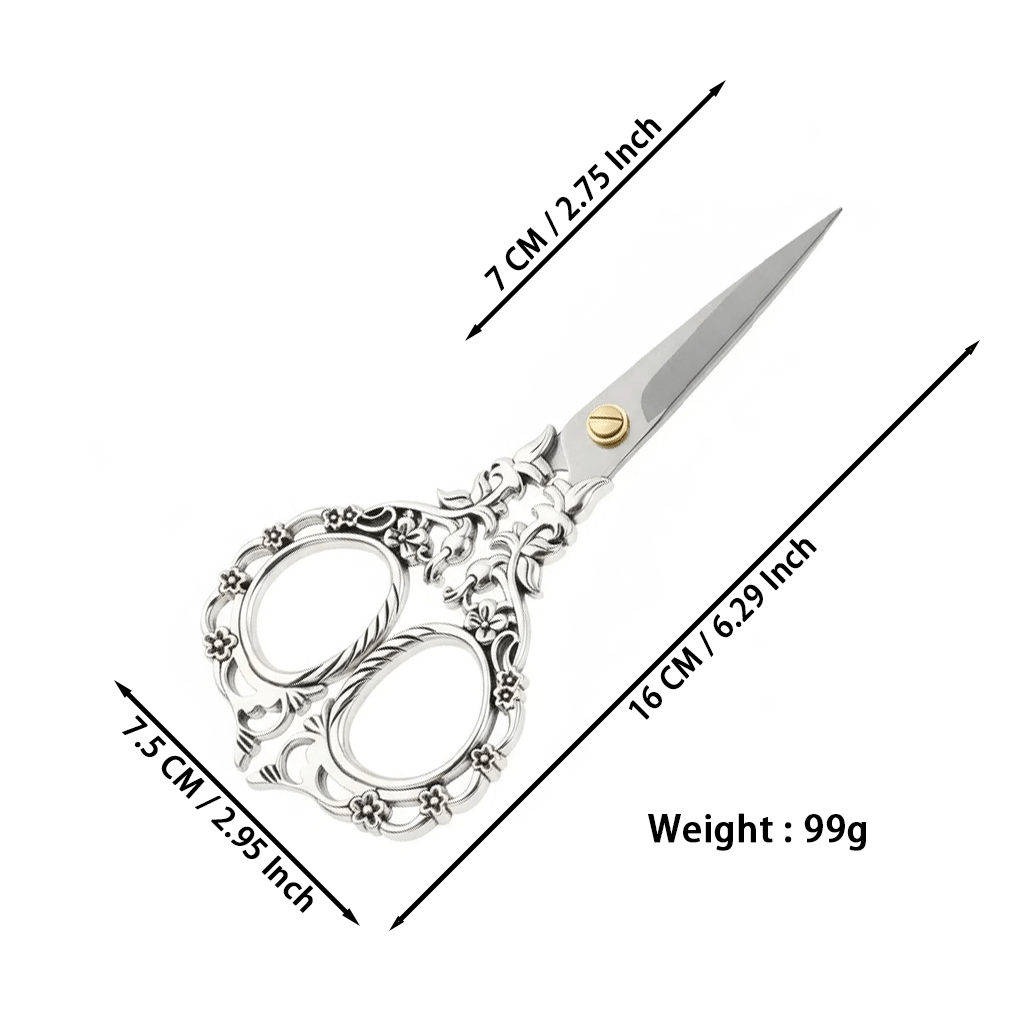 E-shop 6,3'' Vintage silbrige elegante Schere mit blumig inspiriertem Griff, Klingen für Basteln, Nähen, ergonomischer Komfortgriff